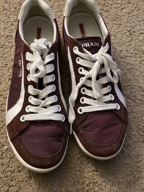 Prada Burgundy and White Low-Top Sneakers